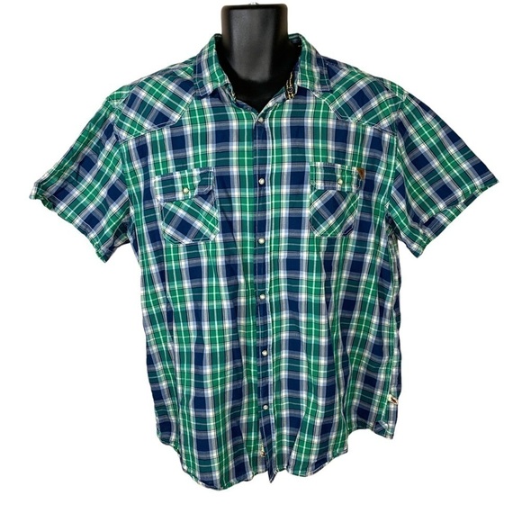 XL Dakota Grizzly Blue Green Plaid Short Sleeve Button Down Shirt Casual Cotton - Picture 1 of 11
